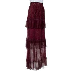 Pre Owned Just Cavalli Burgundy Lace Tiered Paneled Maxi Skirt M