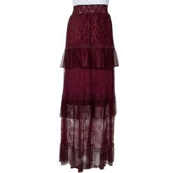 Pre Owned Just Cavalli Burgundy Lace Tiered Paneled Maxi Skirt M