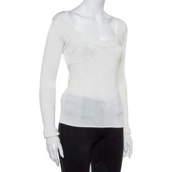 Pre Owned Just Cavalli Cream Rib Knit Long Sleeve Fitted Top M
