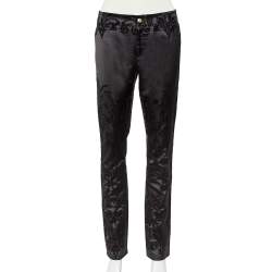 Pre Owned Just Cavalli Black Flocked Satin Tapered Leg Just Chic Jeggings L