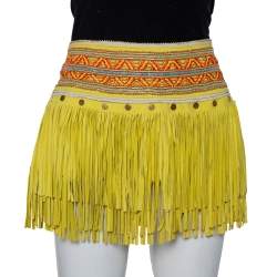 Pre Owned Just Cavalli Neon Yellow Leather Fringed Tribal Mini Skirt M
