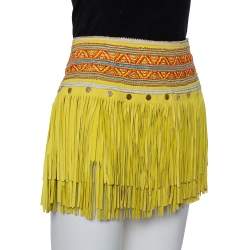 Pre Owned Just Cavalli Neon Yellow Leather Fringed Tribal Mini Skirt M