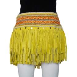 Pre Owned Just Cavalli Neon Yellow Leather Fringed Tribal Mini Skirt M