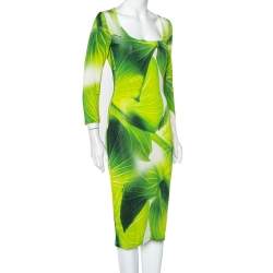 Pre Owned Just Cavalli Green Leaf Printed Knit Scoop Neck Sheath Dress M