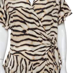 Pre Owned Just Cavalli Beige Animal Printed Silk Ruffled Mini Wrap Dress S