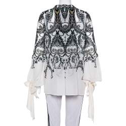 Pre Owned Just Cavalli Monochrome Printed Silk Sleeve Tie Detail Top M