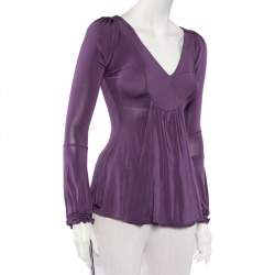 Pre Owned Just Cavalli Purple Jersey Plunge Neck Draped Top S