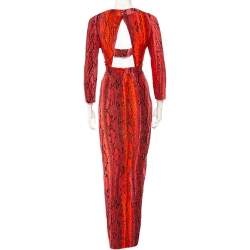 Pre Owned Just Cavalli Red Python Print Long Sleeve Cutout Back Detail Maxi Dress M