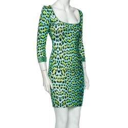 Pre Owned Just Cavalli Neon Leopard Printed Jersey Scoop Neck Mini Dress M