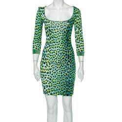 Pre Owned Just Cavalli Neon Leopard Printed Jersey Scoop Neck Mini Dress M