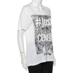 Pre Owned Just Cavalli White Logo Printed Cotton Roundneck T-Shirt L