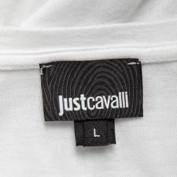 Pre Owned Just Cavalli White Logo Printed Cotton Roundneck T-Shirt L