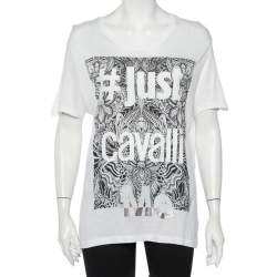 Pre Owned Just Cavalli White Logo Printed Cotton Roundneck T-Shirt L