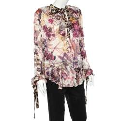 Pre Owned Just Cavalli Multicolor Floral Printed Silk Contrast Tie Detail Ruffled Top XL