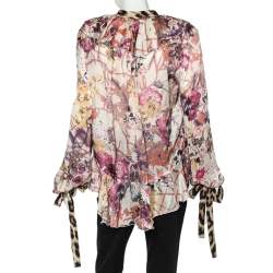 Pre Owned Just Cavalli Multicolor Floral Printed Silk Contrast Tie Detail Ruffled Top XL