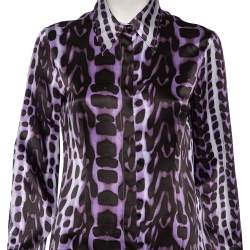 Just Cavalli Purple Leopard Print Silk Button Front Shirt M