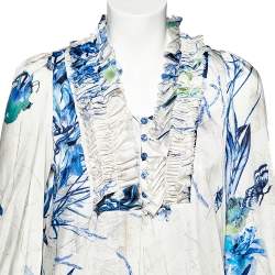 Pre Owned تونك جست كافالي مزين بنقشة الزهور أبيض برقبة مكشكشة مقاس متوسط - ميديوم