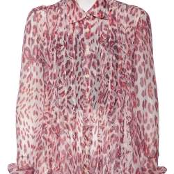 Pre Owned Just Cavalli Pink Printed Silk Ruffle Detail Button Front Sheer Shirt L