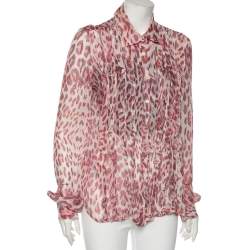 Pre Owned Just Cavalli Pink Printed Silk Ruffle Detail Button Front Sheer Shirt L