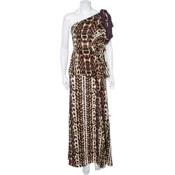 Pre Owned Just Cavalli Brown Animal Printed Satin & Georgette One Shoulder Top And Midi Skirt Set L