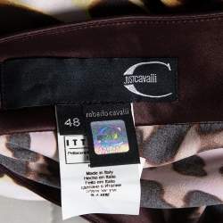 Pre Owned Just Cavalli Brown Animal Printed Satin & Georgette One Shoulder Top And Midi Skirt Set L