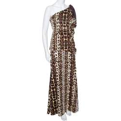 Pre Owned Just Cavalli Brown Animal Printed Satin & Georgette One Shoulder Top And Midi Skirt Set L