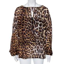 Pre Owned بلوزة جست كافالي حرير بني بنقشة الفهد بأكمام طويلة مقاس متوسط - ميديوم