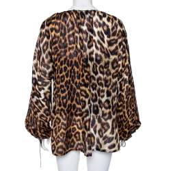 Pre Owned بلوزة جست كافالي حرير بني بنقشة الفهد بأكمام طويلة مقاس متوسط - ميديوم