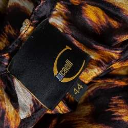 Pre Owned بلوزة جست كافالي حرير بني بنقشة الفهد بأكمام طويلة مقاس متوسط - ميديوم