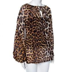 Pre Owned بلوزة جست كافالي حرير بني بنقشة الفهد بأكمام طويلة مقاس متوسط - ميديوم