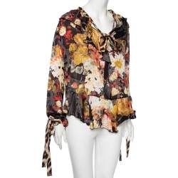 Pre Owned Just Cavalli Multicolored Printed Silk Pleated Detailed Blouse L 