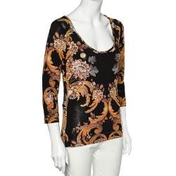 Pre Owned Just Cavalli Black Floral Printed Jersey Scoop Neck T-Shirt XL