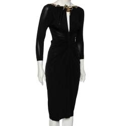 Pre Owned Just Cavalli Black Jersey Contrast Trim Detailed Ruched Dress M