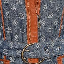 Pre Owned Just Cavalli Blue Logo Jacquard Denim & Leather Trim Belted Trench Coat M