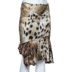 Just Cavalli Brown Animal Printed Satin Ruffled Hem Mini Skirt S