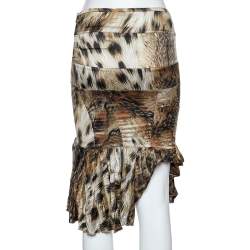 Just Cavalli Brown Animal Printed Satin Ruffled Hem Mini Skirt S