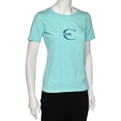 Pre Owned Just Cavalli Blue Logo Printed Cotton Short Sleeve T-Shirt S