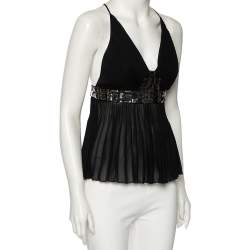 Just Cavalli Black Silk Embellished Waist Pleated Top S 