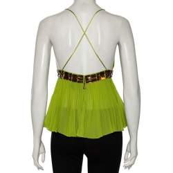 Pre Owned Just Cavalli Green Silk Embellished Pleated Top S 