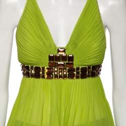 Pre Owned Just Cavalli Green Silk Embellished Pleated Top S 