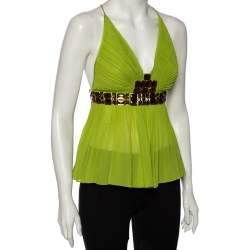 Pre Owned Just Cavalli Green Silk Embellished Pleated Top S 