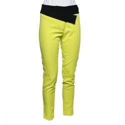 Pre Owned Just Cavalli Neon Yellow Crepe Contrast Waist Detail Tapered Leg Trousers S