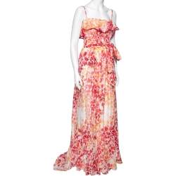 Pre Owned Just Cavalli Red & White Printed Cotton Belted Voile Maxi Dress M
