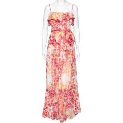 Pre Owned Just Cavalli Red & White Printed Cotton Belted Voile Maxi Dress M