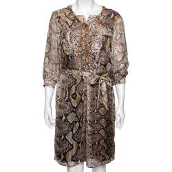Pre Owned Just Cavalli Brown Animal Print Silk Knit Lace-Up Detail Belted Dress M