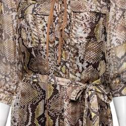 Pre Owned Just Cavalli Brown Animal Print Silk Knit Lace-Up Detail Belted Dress M