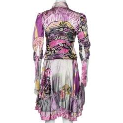 Pre Owned Just Cavalli Multicolor Printed Silk Belted Ruffled Hem Dress S