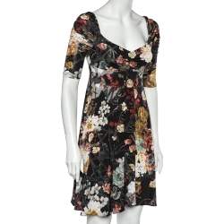 Just Cavalli Black Floral Printed Jersey Ruched Sleeve Detail Mini Dress S