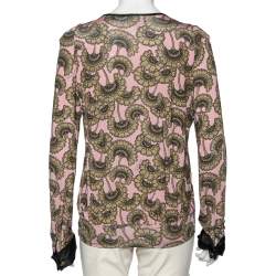 Pre Owned Just Cavalli Pink & Gold Printed Jersey Pintuck Detailed Top L