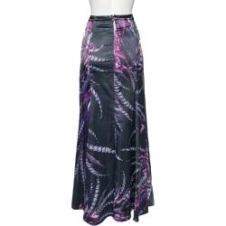 Pre Owned تنورة ماكسي جست كافالي ساتان بنفسجي مطبوع ريش مقاس كبير -  لارج